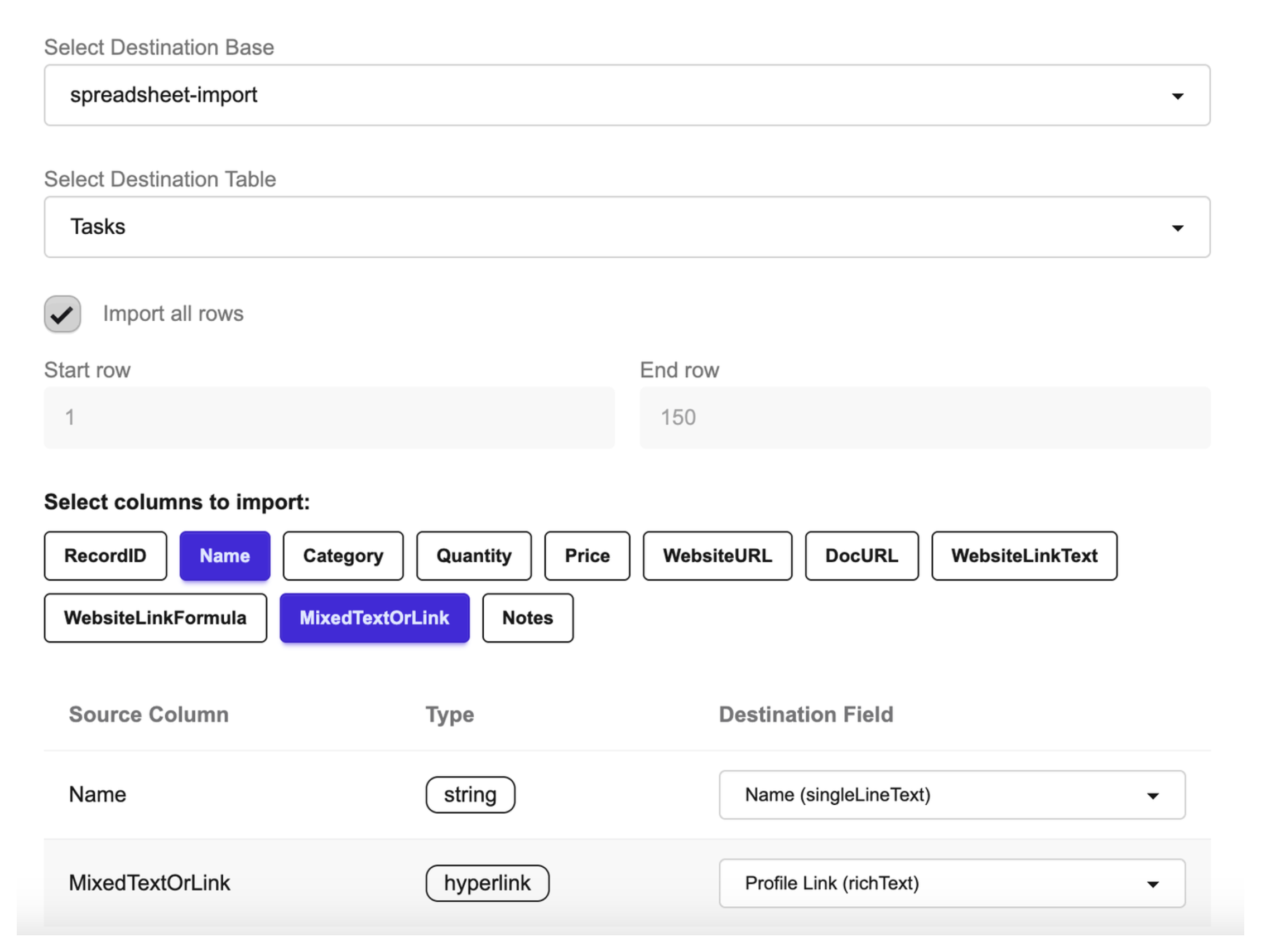Map fields and import