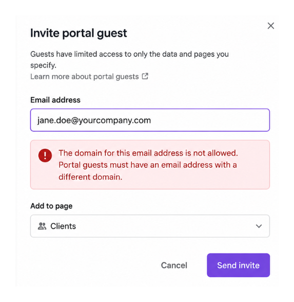Airtable portal guest invite showing the domain restriction error