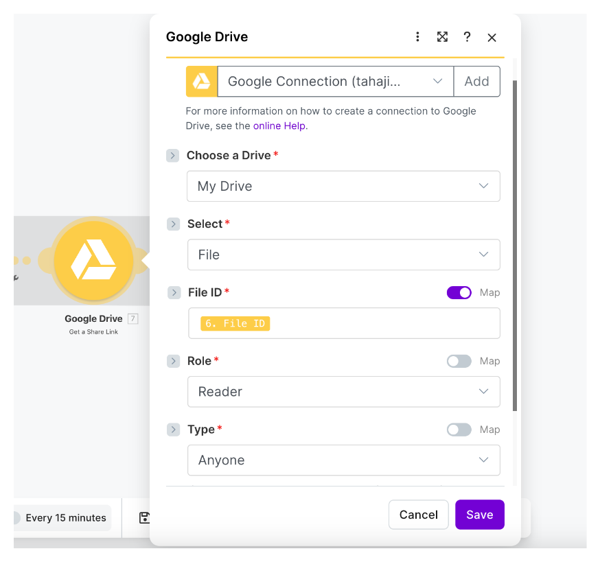 Create a permanent shareable link to Google Drive in Make