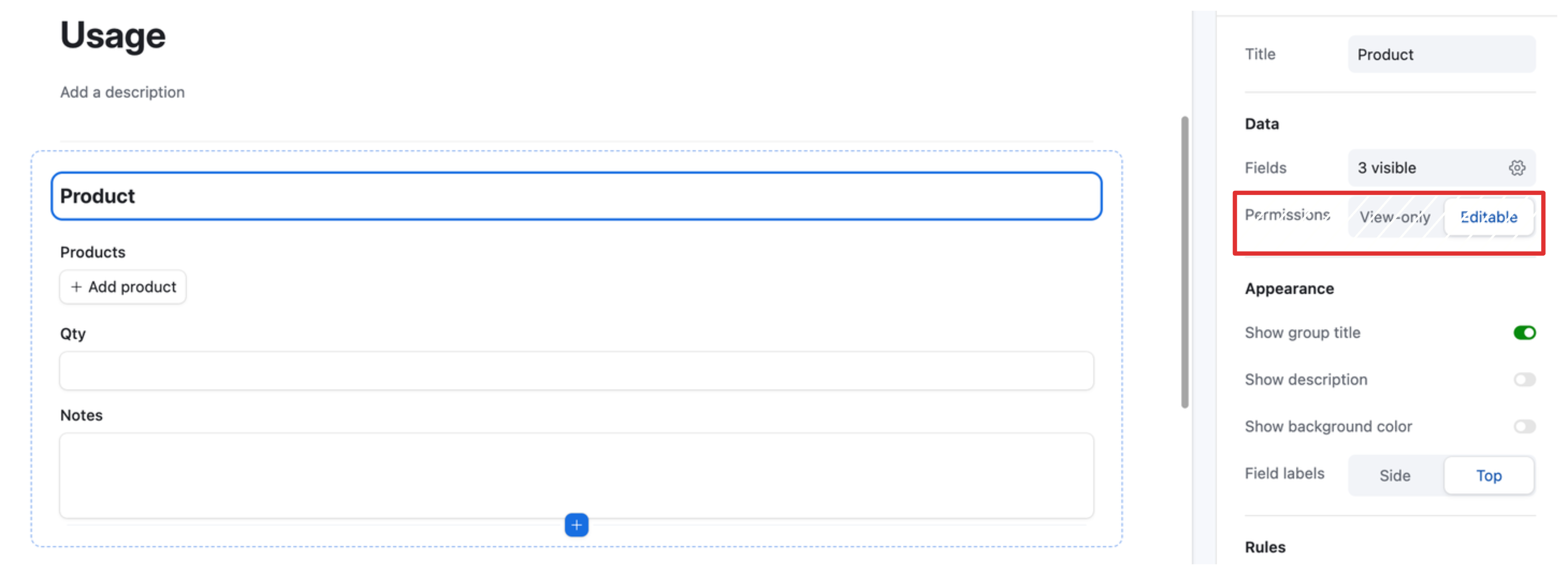Airtable form field settings showing the editing toggle
