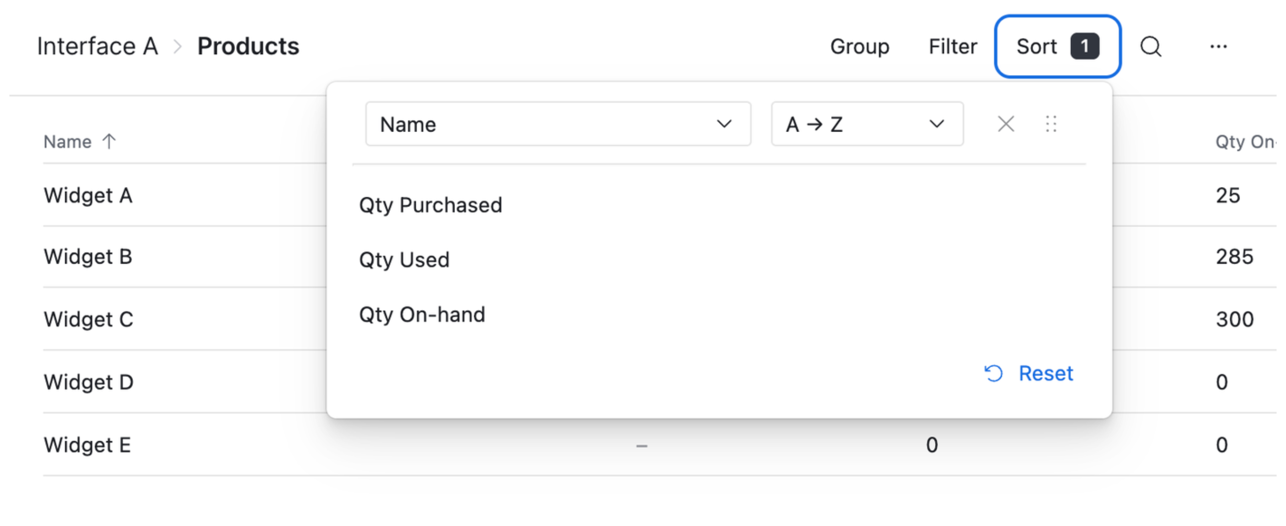sorting using button at the top