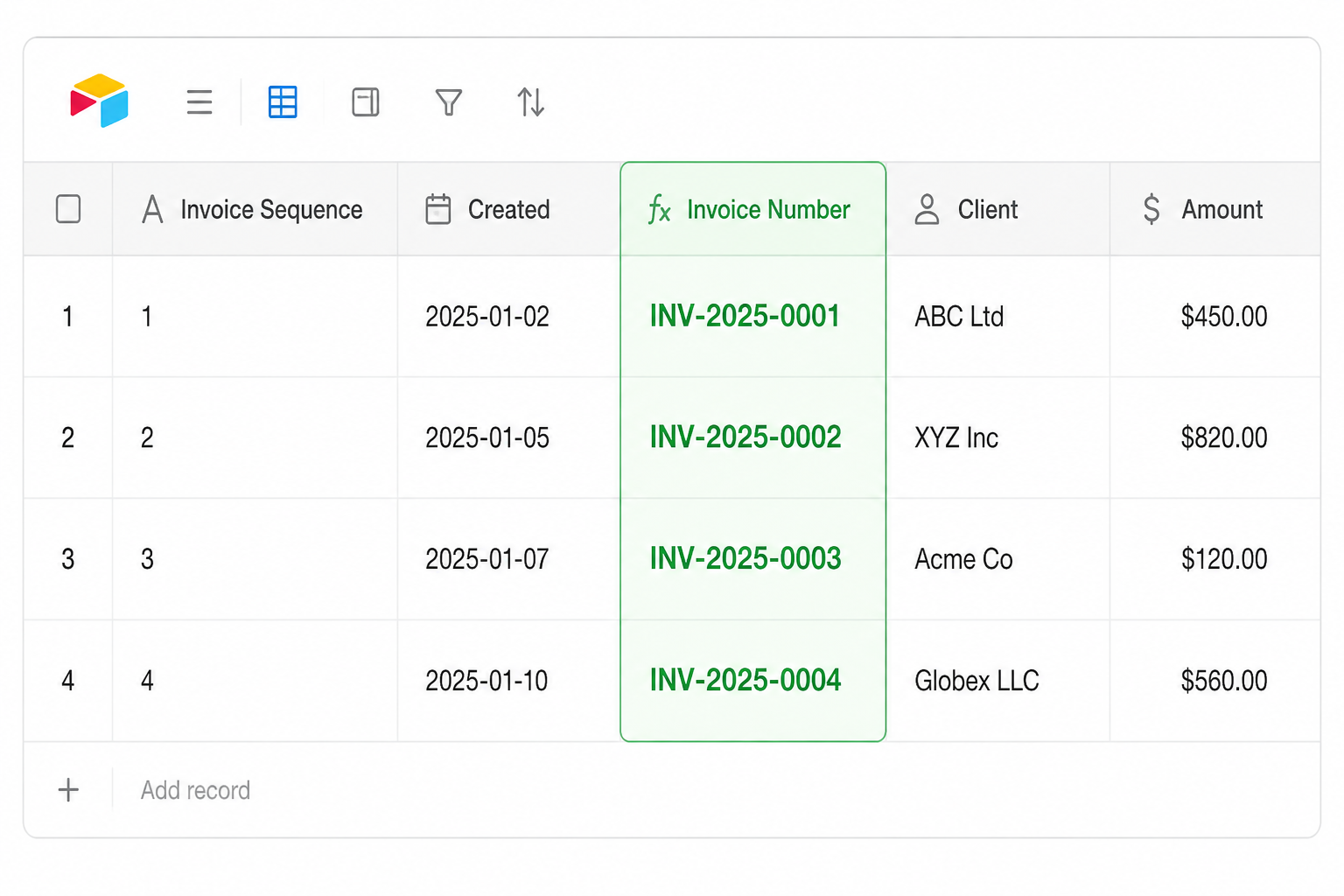 Airtable invoice table showing auto generated invoice numbers like INV-2025-0001