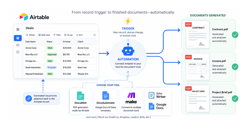 Workflow showing Airtable automatically generating contracts, invoices, and PDFs through automation tools