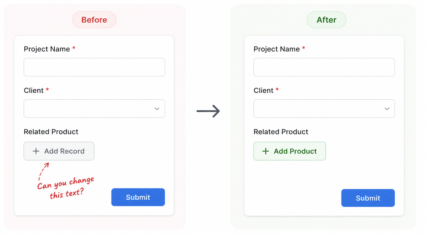 Airtable form showing linked record button changed from Add Record to Add Product