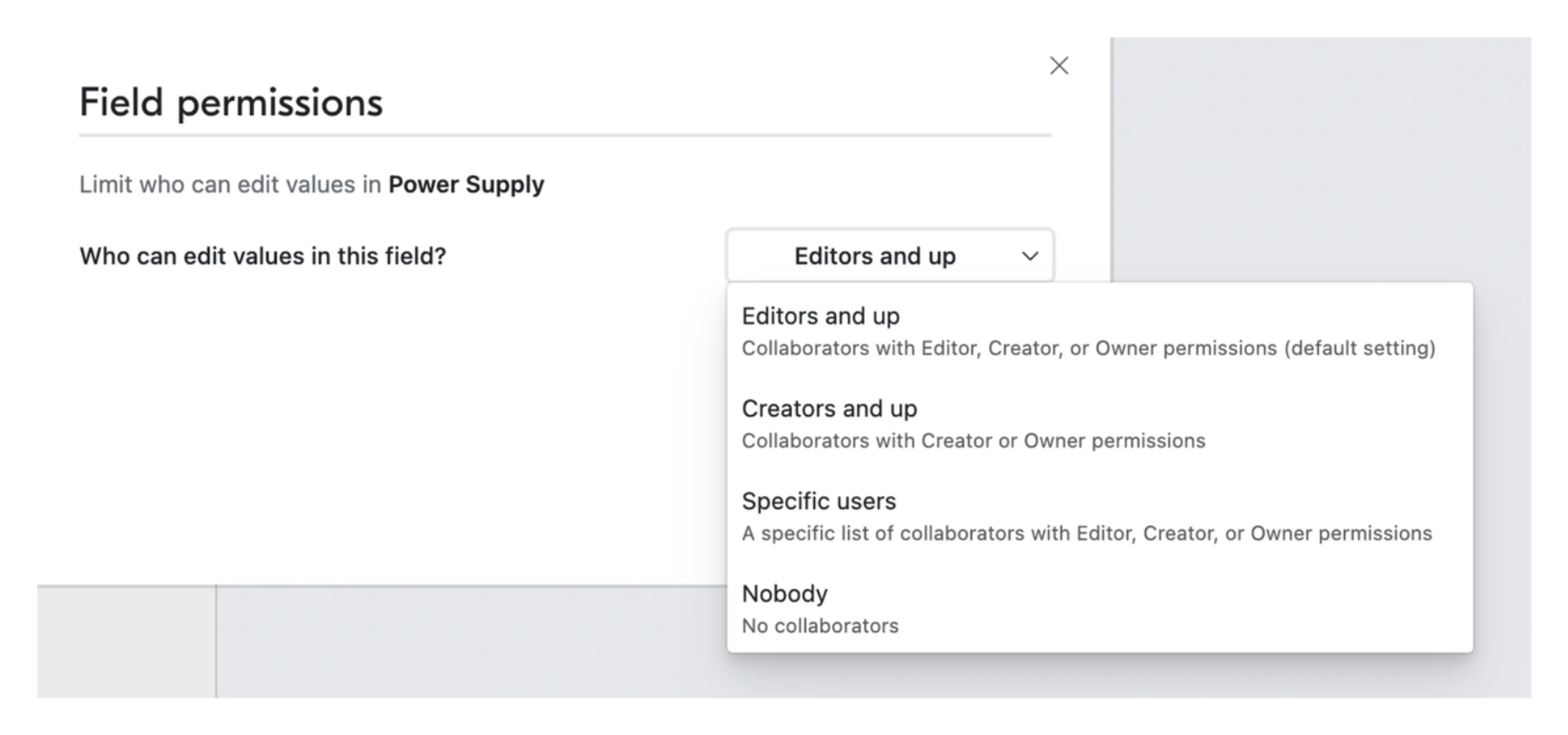 Field permissions dialog showing the edit restriction options