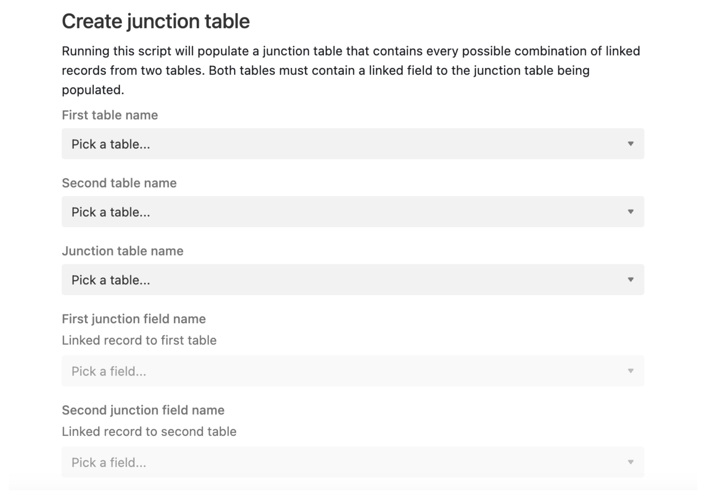 Junction Table Script setup showing table and field selection