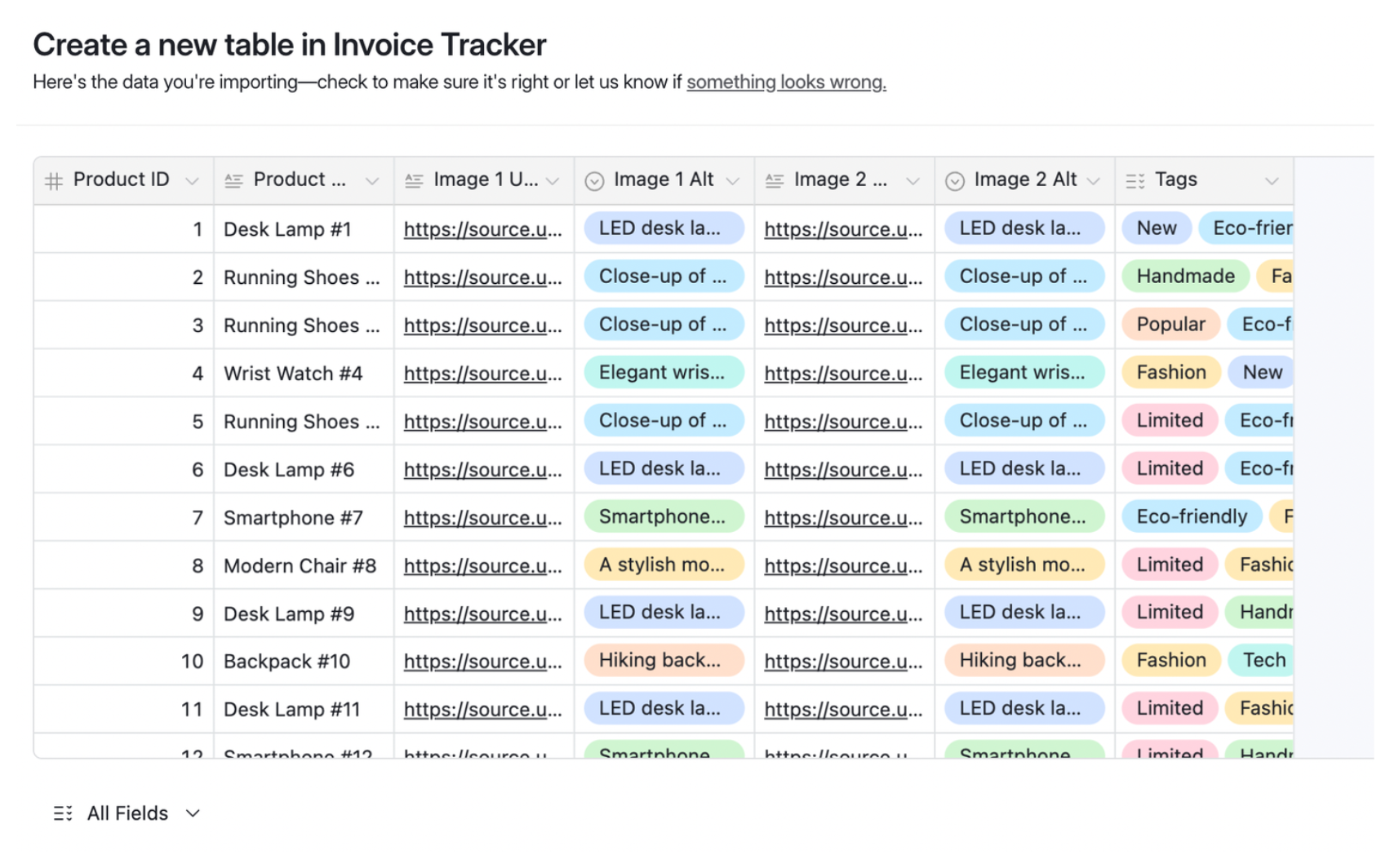 Airtable native CSV import screen showing field mapping step