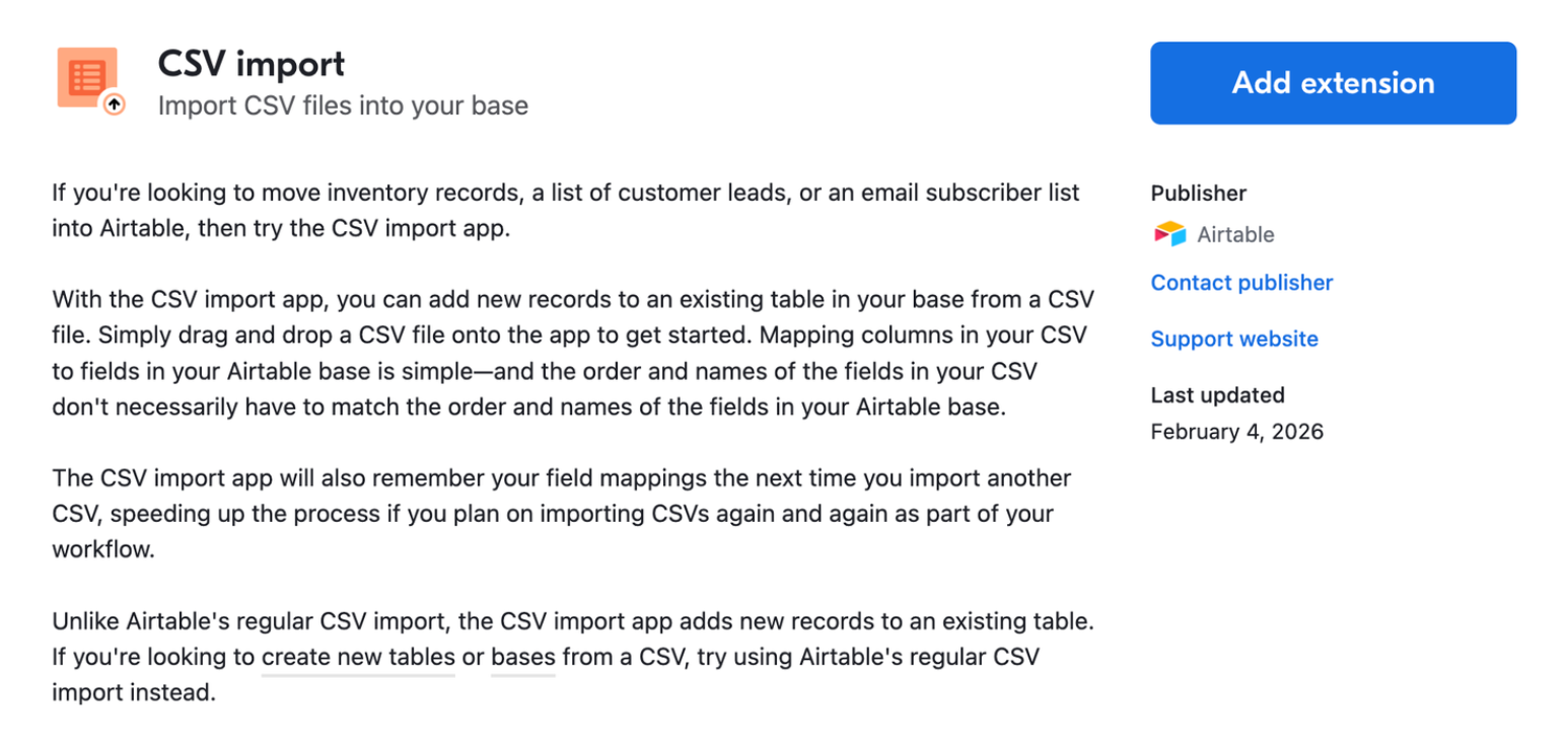 CSV Import extension install screen in Airtable