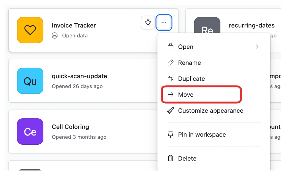 Airtable Move base dialog showing workspace selection