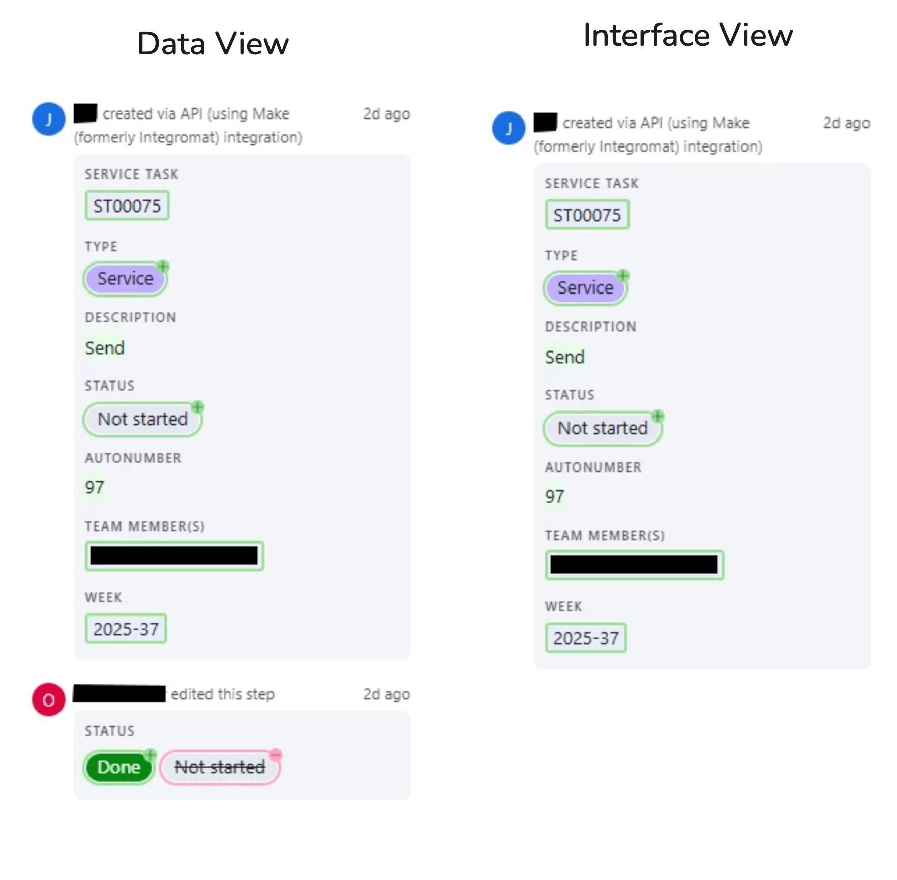 Record revision history shown in Interface view vs Data view for the same record