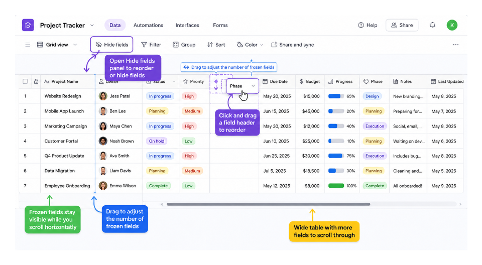 Dragging and freezing fields in an Airtable grid view with wide table navigation controls