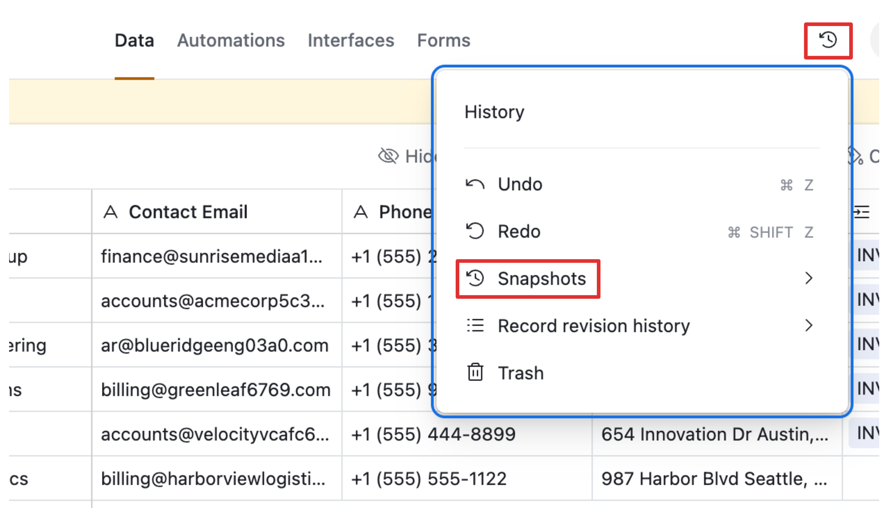 Snapshots panel in Airtable showing list of available restore points