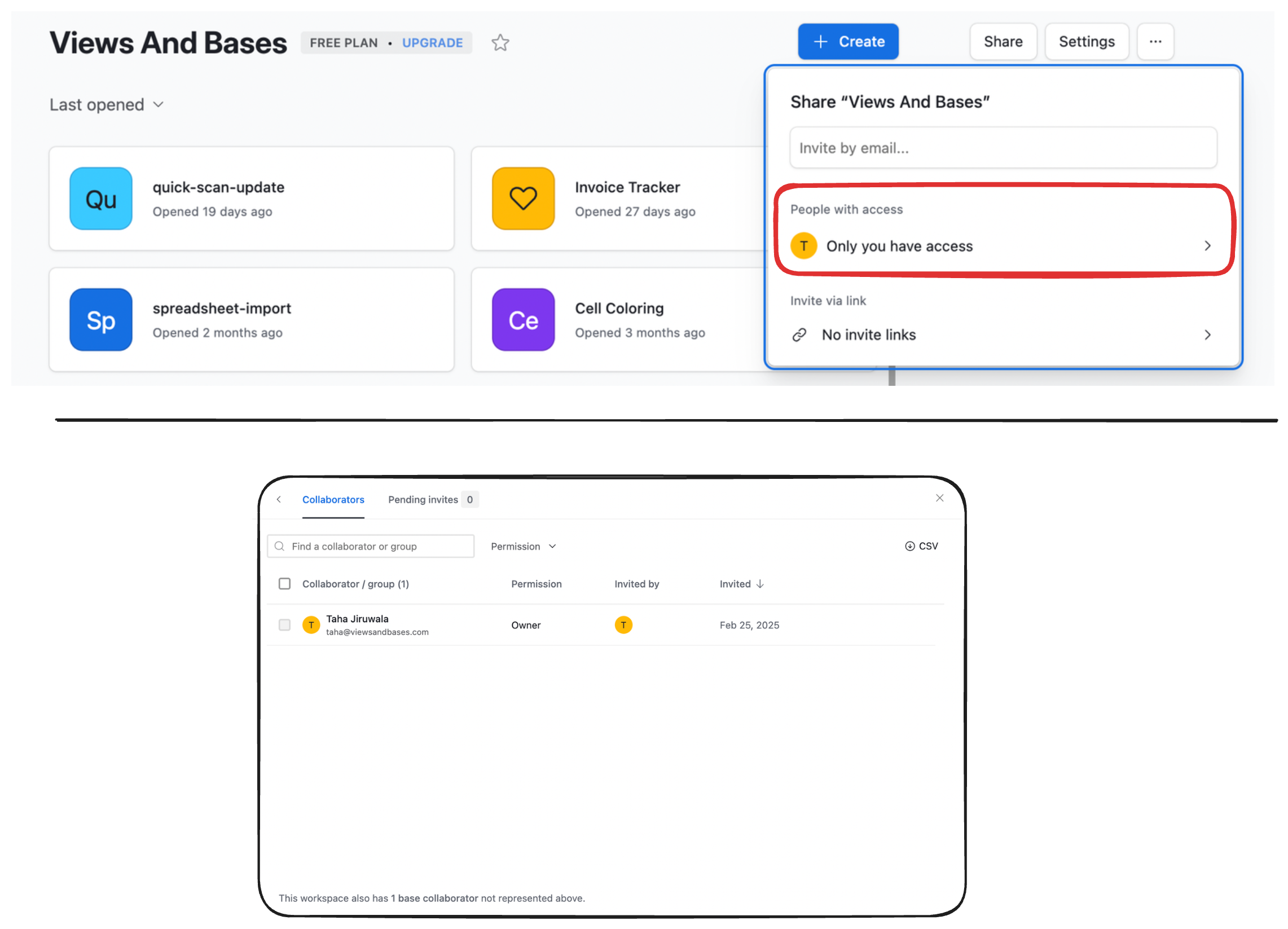 Workspace collaborators panel in Airtable