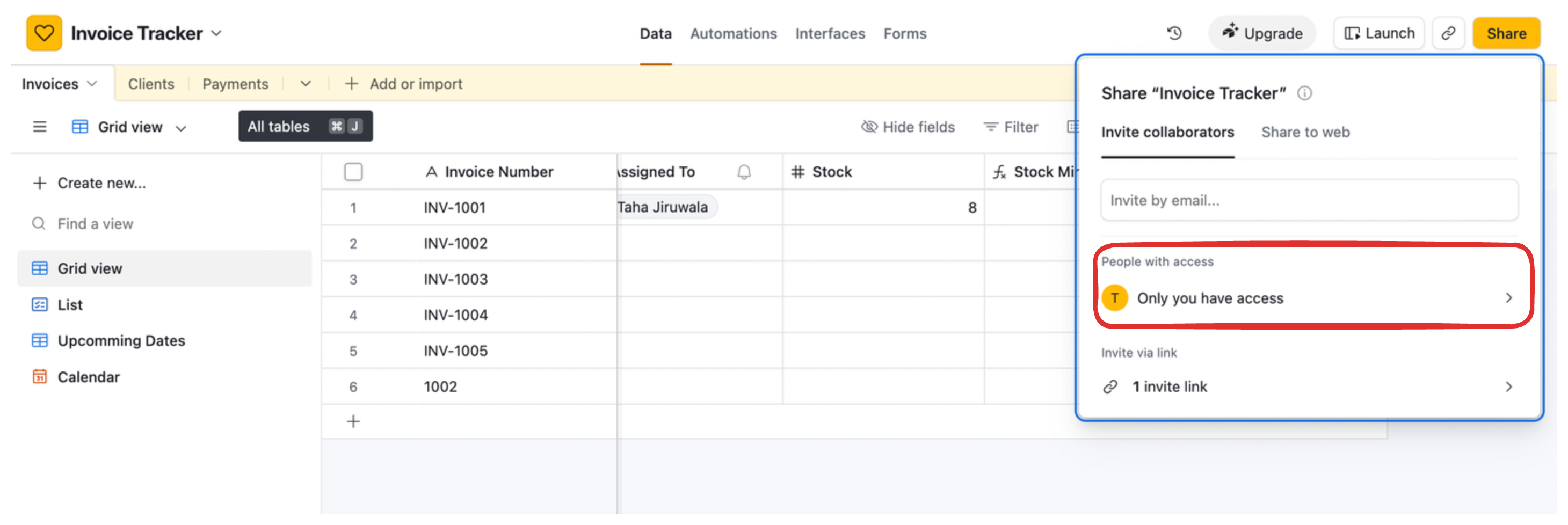 Base sharing panel showing collaborator access levels