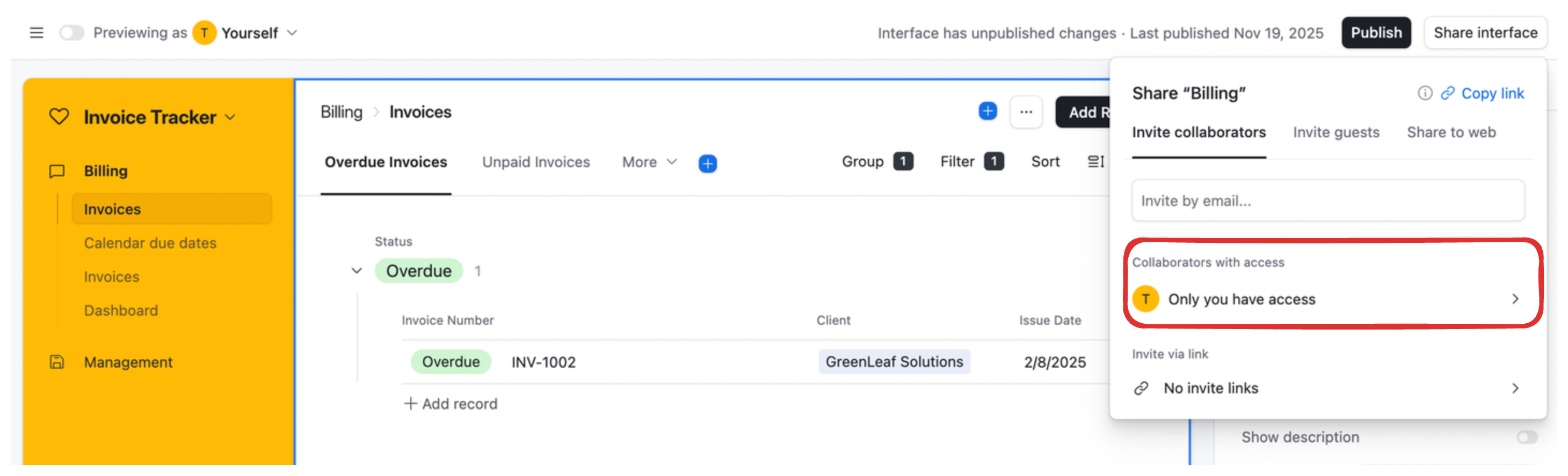 Interface sharing panel showing access controls