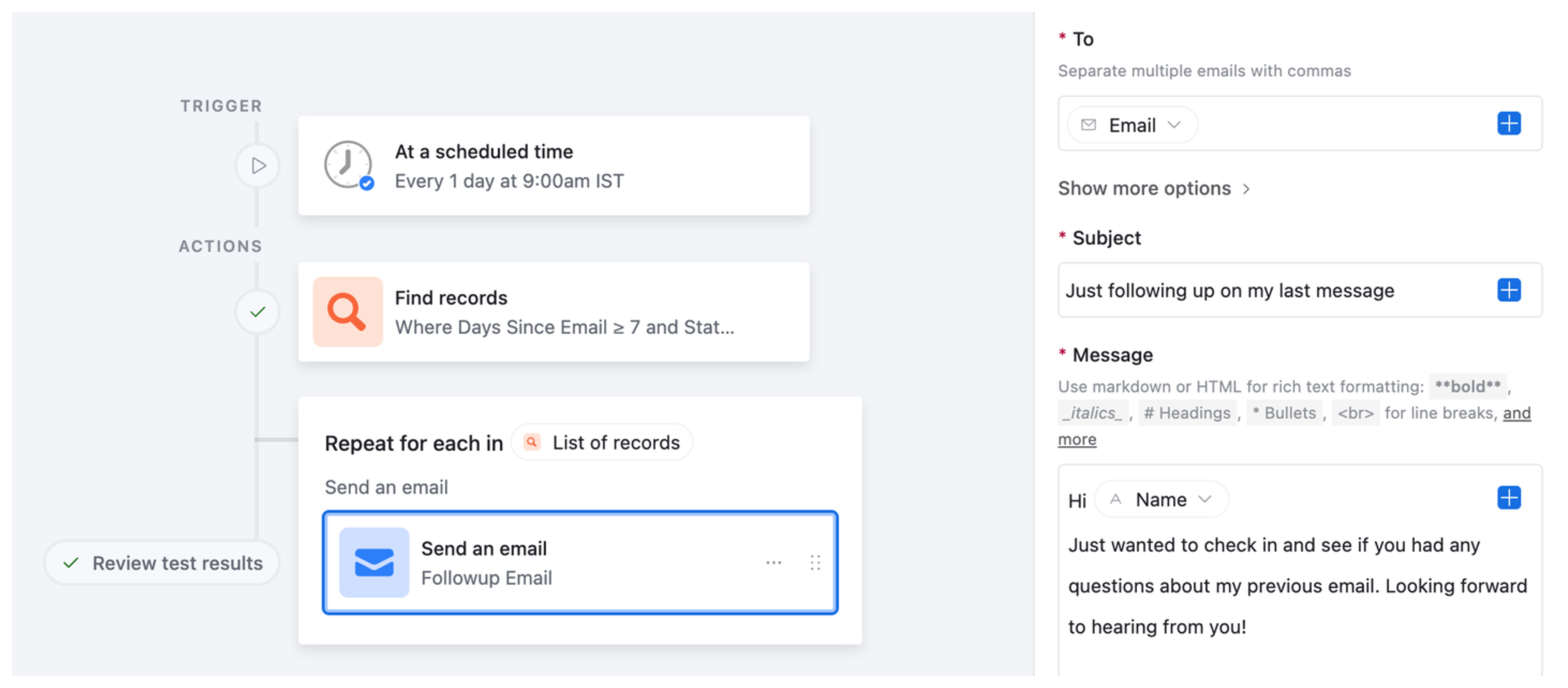 Send email action with recipient mapped to the Email field and body using Name token