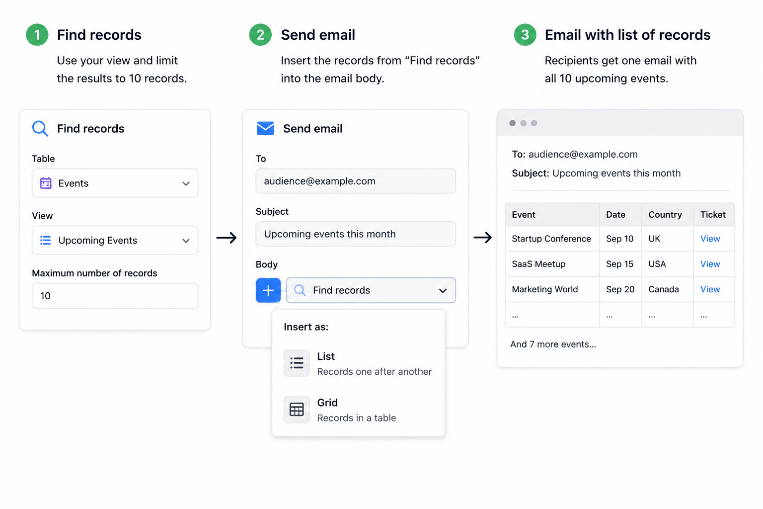 Airtable Find records action sending ten upcoming events together in one automated email as a grid