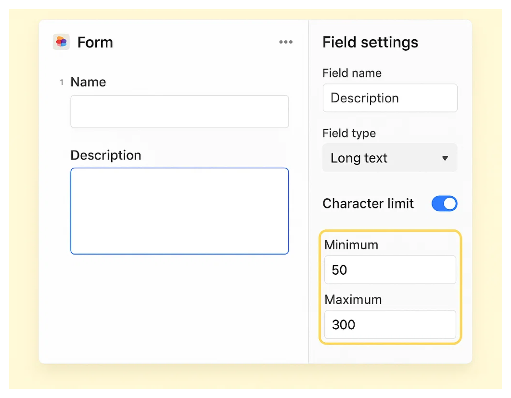 Character limit option in the Airtable form field settings panel