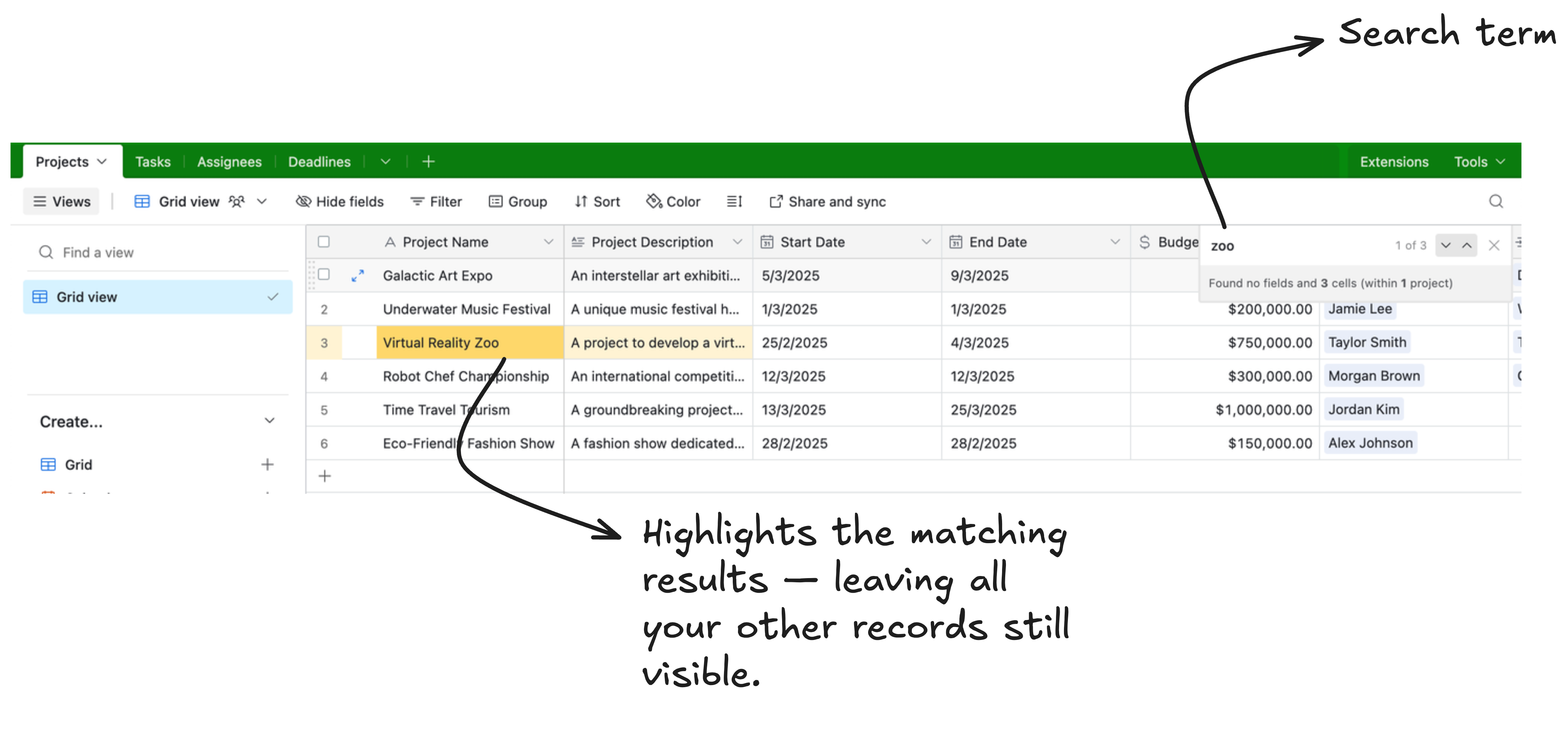 Airtable search bar highlighting matching cells while keeping all records visible