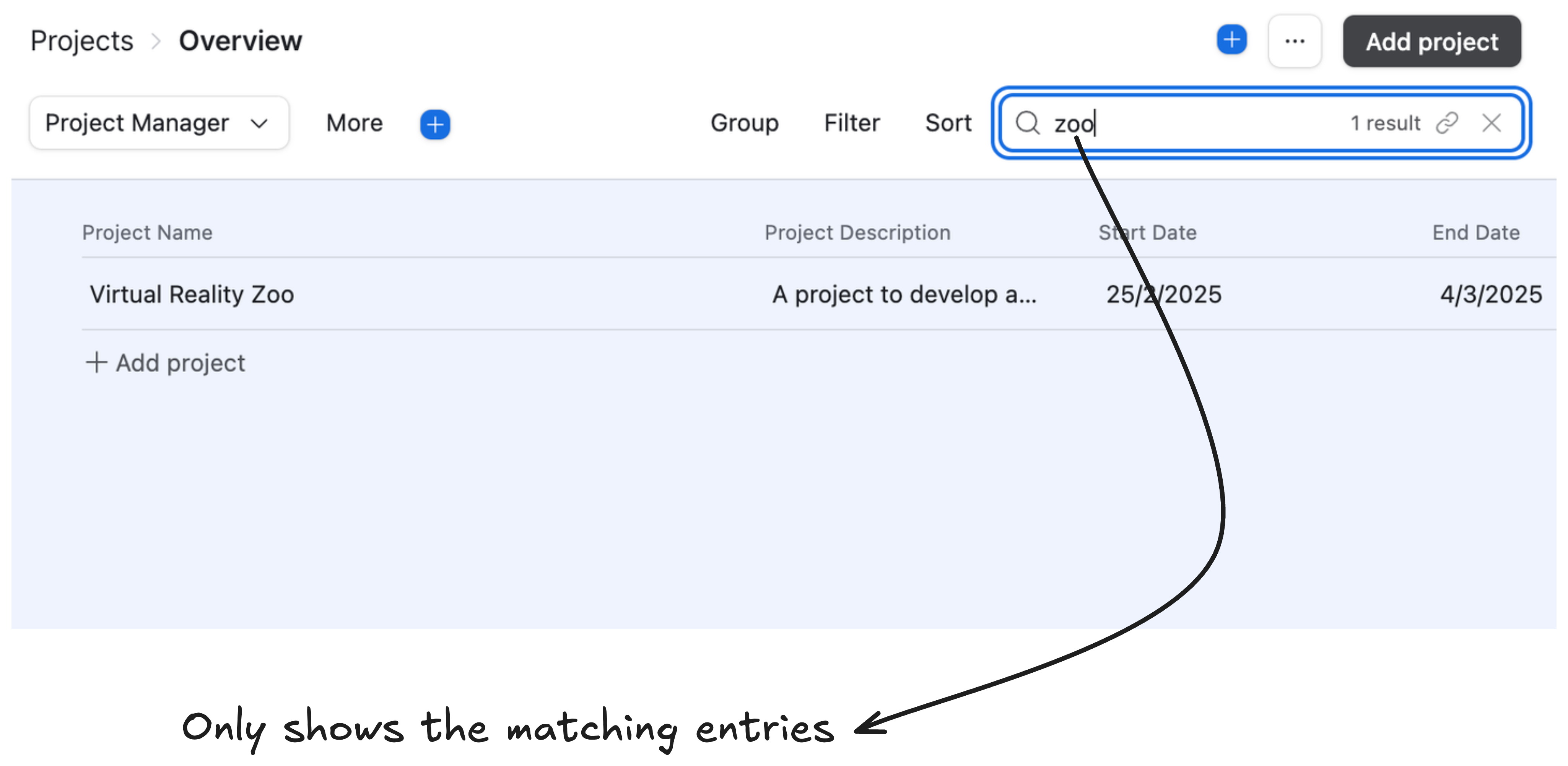Interface layout with a search bar element that filters the record list in real time