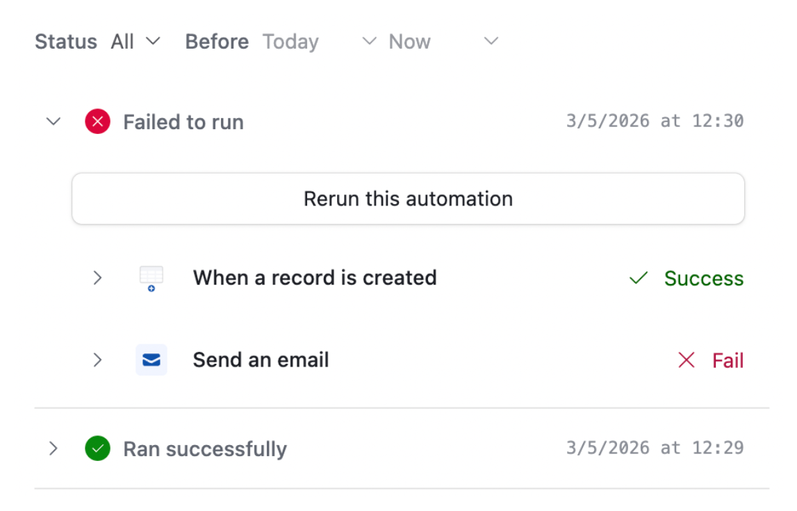 Automation history panel showing successful and failed runs