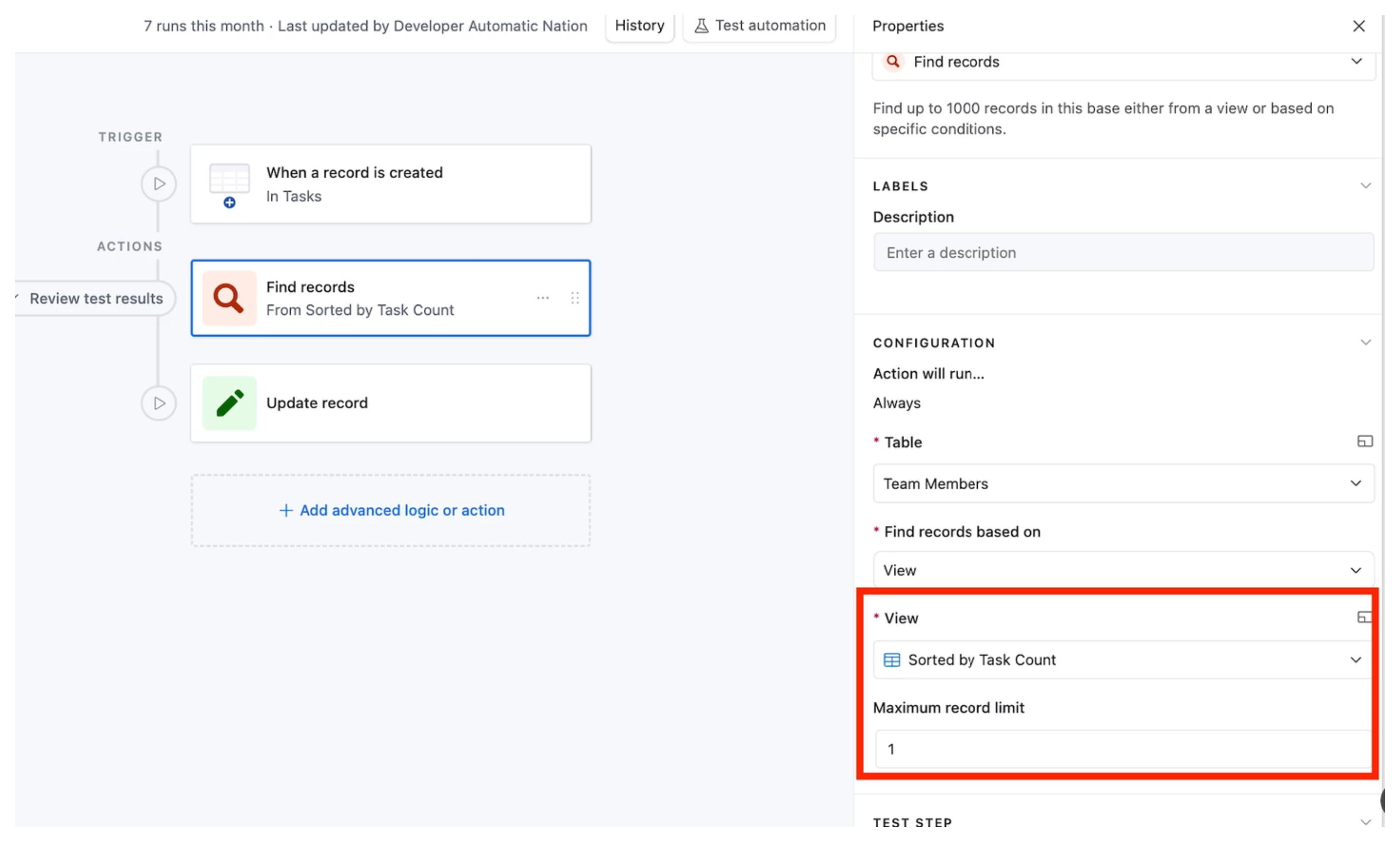 Find Records action is configured to return only one record