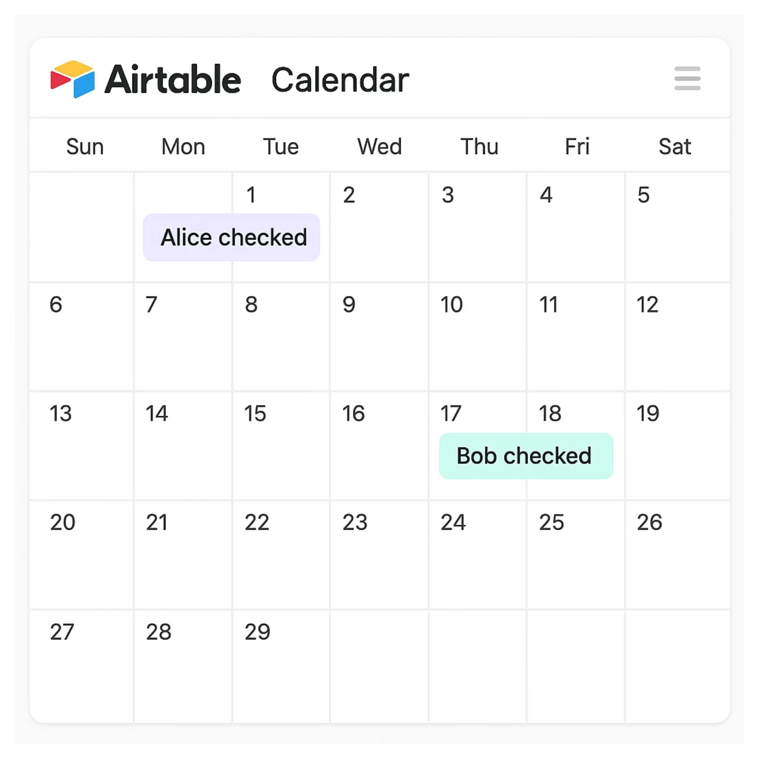 Calender view shows the word checked