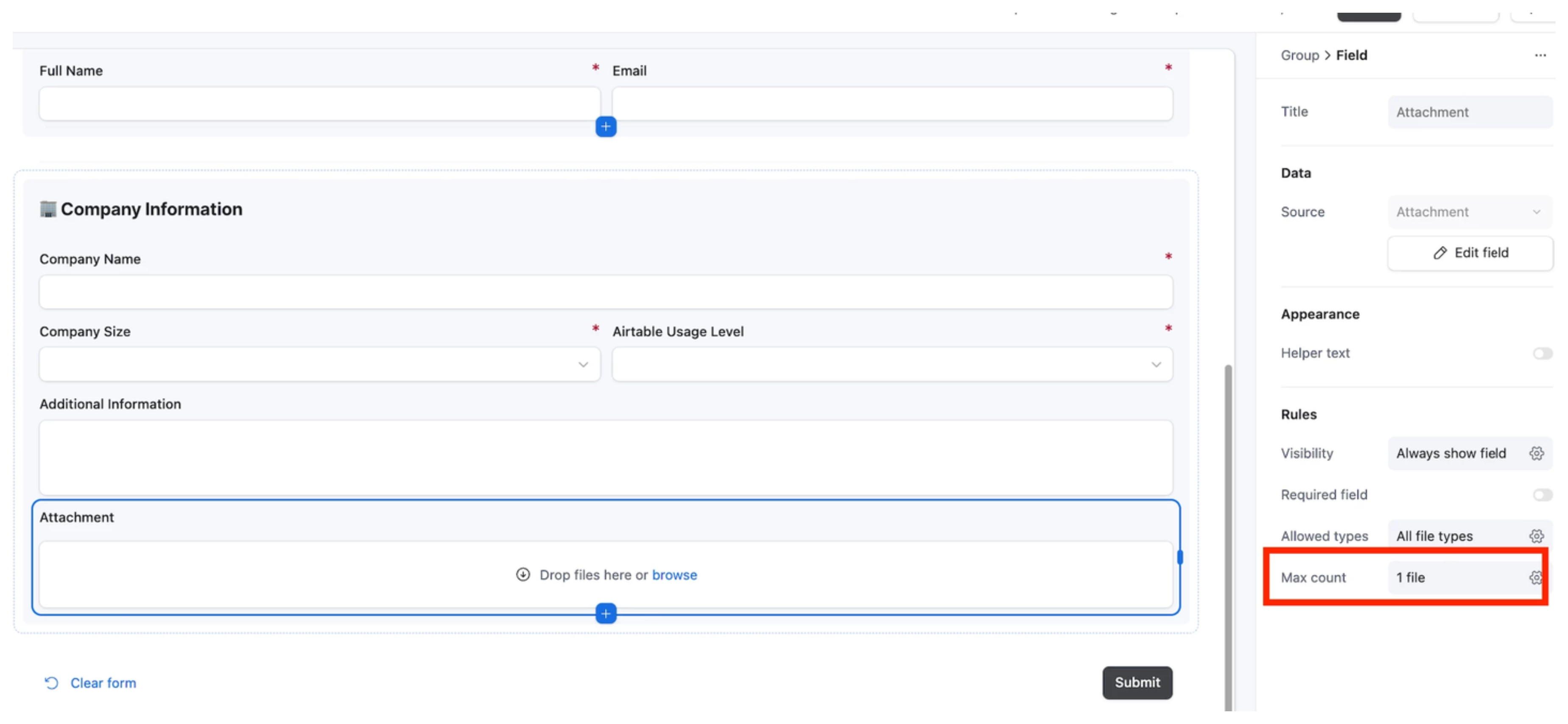 Limit uploads through forms
