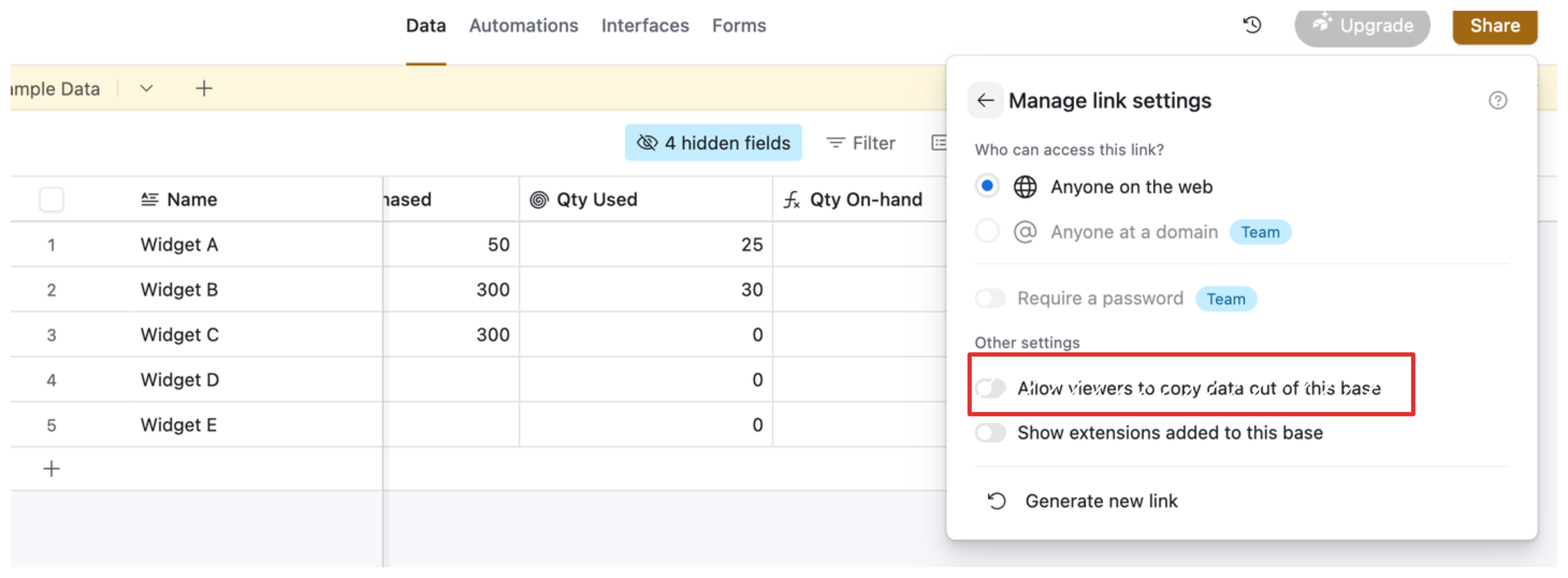 Uncheck checkbox labeled Allow viewers to copy the data in this base